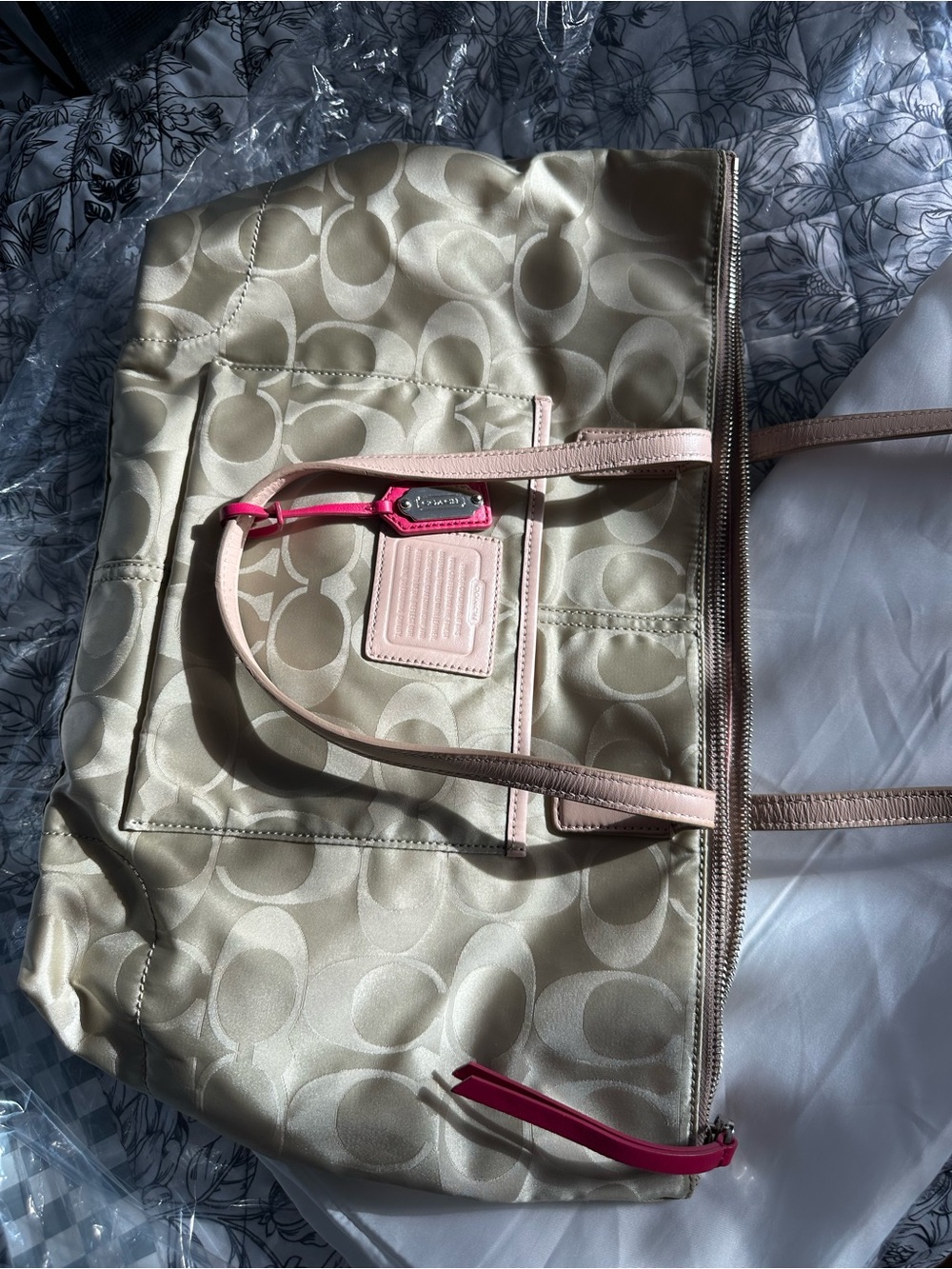 Coach Khaki Signature Tote with Pink Trim